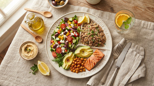 Harvard Healthy Eating Plate con ingredienti freschi mediterranei