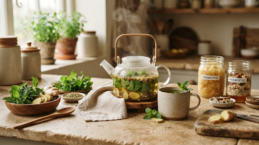 Ingredienti prebiotici, menta, zenzero e tè per benessere intestinale