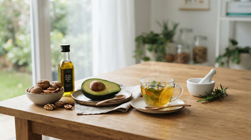 Ingredienti sani e infuso rilassante per benessere clinico