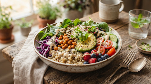Nourish bowl nutriente a base vegetale con cereali e verdure fresche